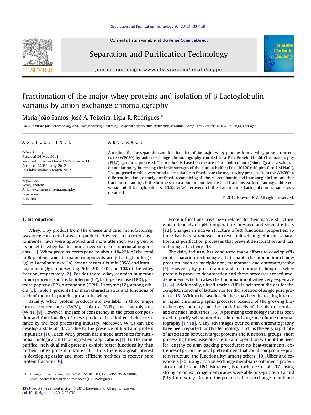 Fractionation of the major whey proteins and isolation of β-Lactoglobulin variants by anion exchange chromatography