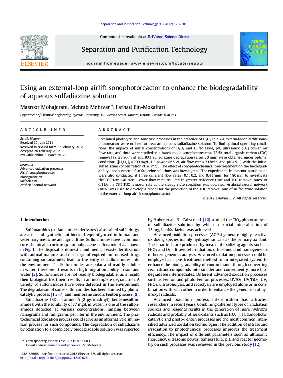 Using an external-loop airlift sonophotoreactor to enhance the biodegradability of aqueous sulfadiazine solution