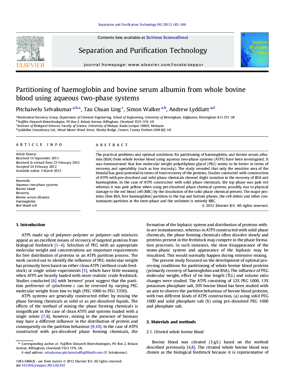 Partitioning of haemoglobin and bovine serum albumin from whole bovine blood using aqueous two-phase systems