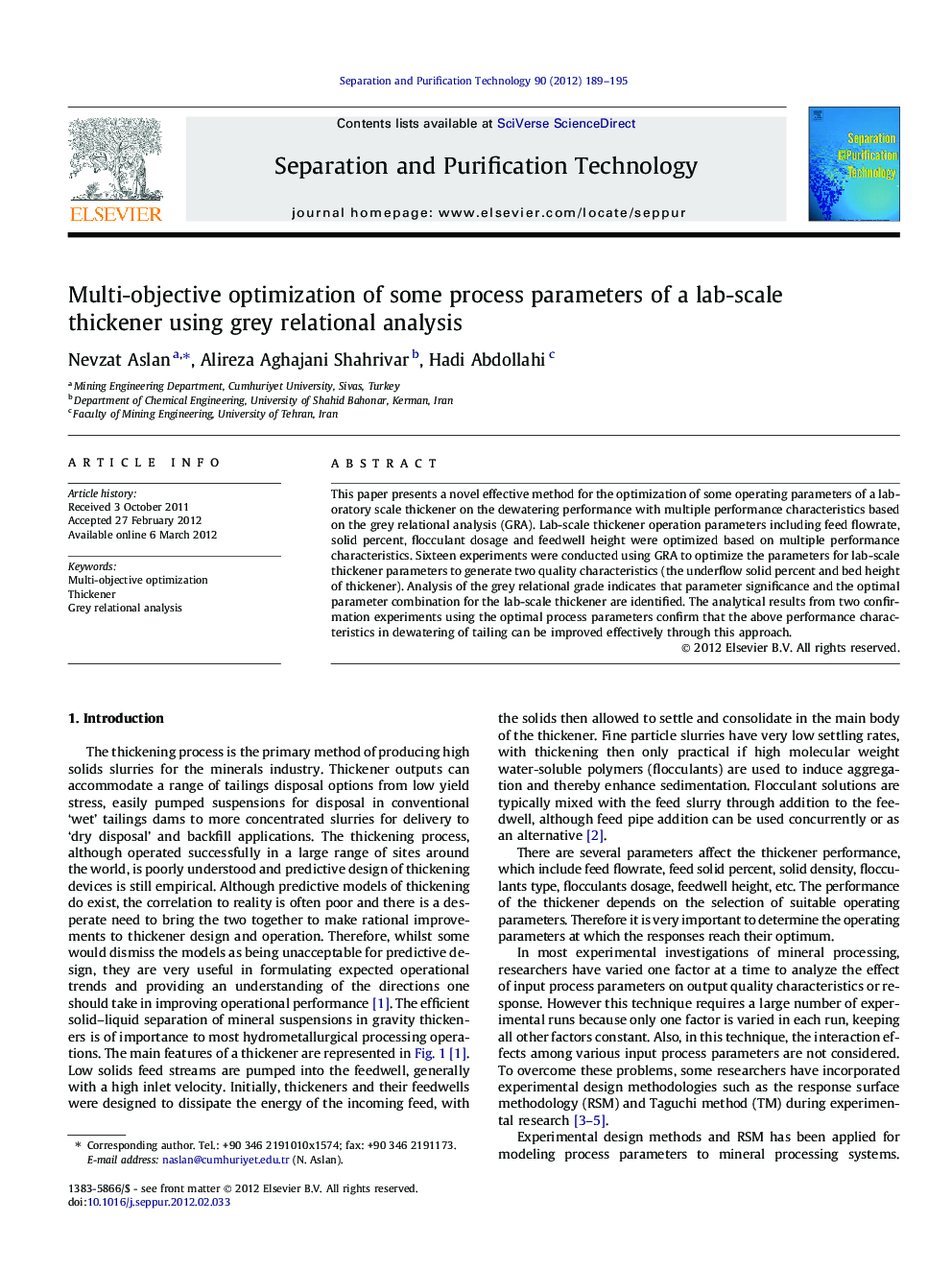 Multi-objective optimization of some process parameters of a lab-scale thickener using grey relational analysis