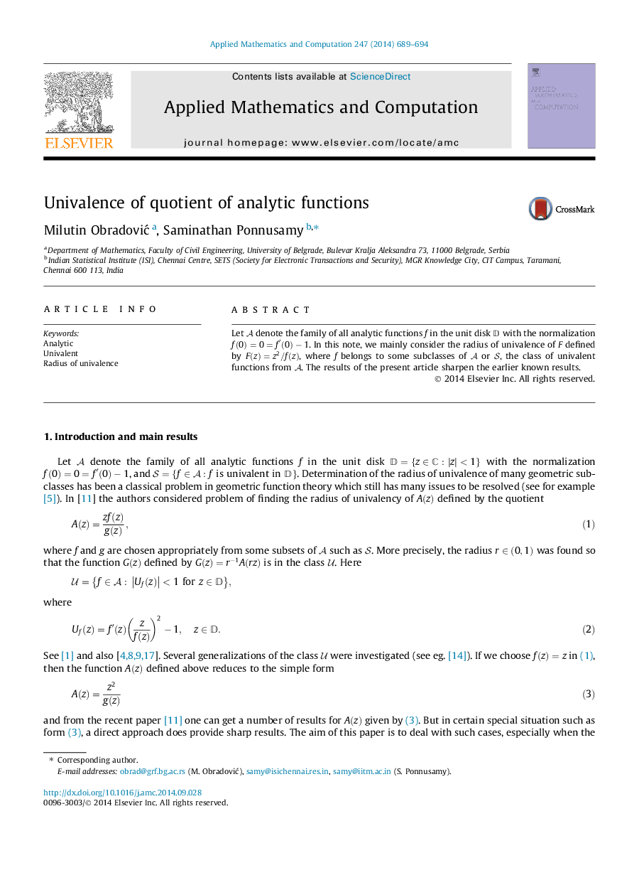 Univalence of quotient of analytic functions