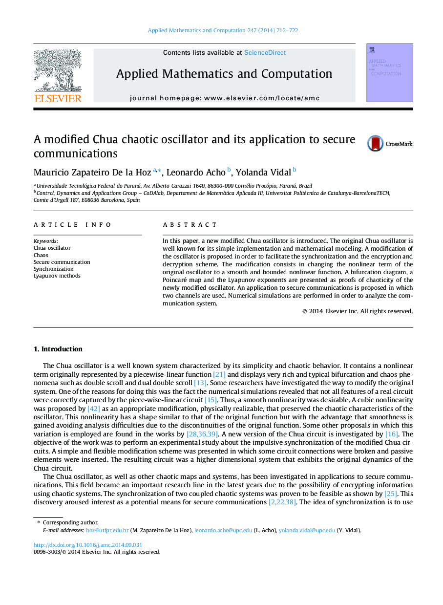 A modified Chua chaotic oscillator and its application to secure communications