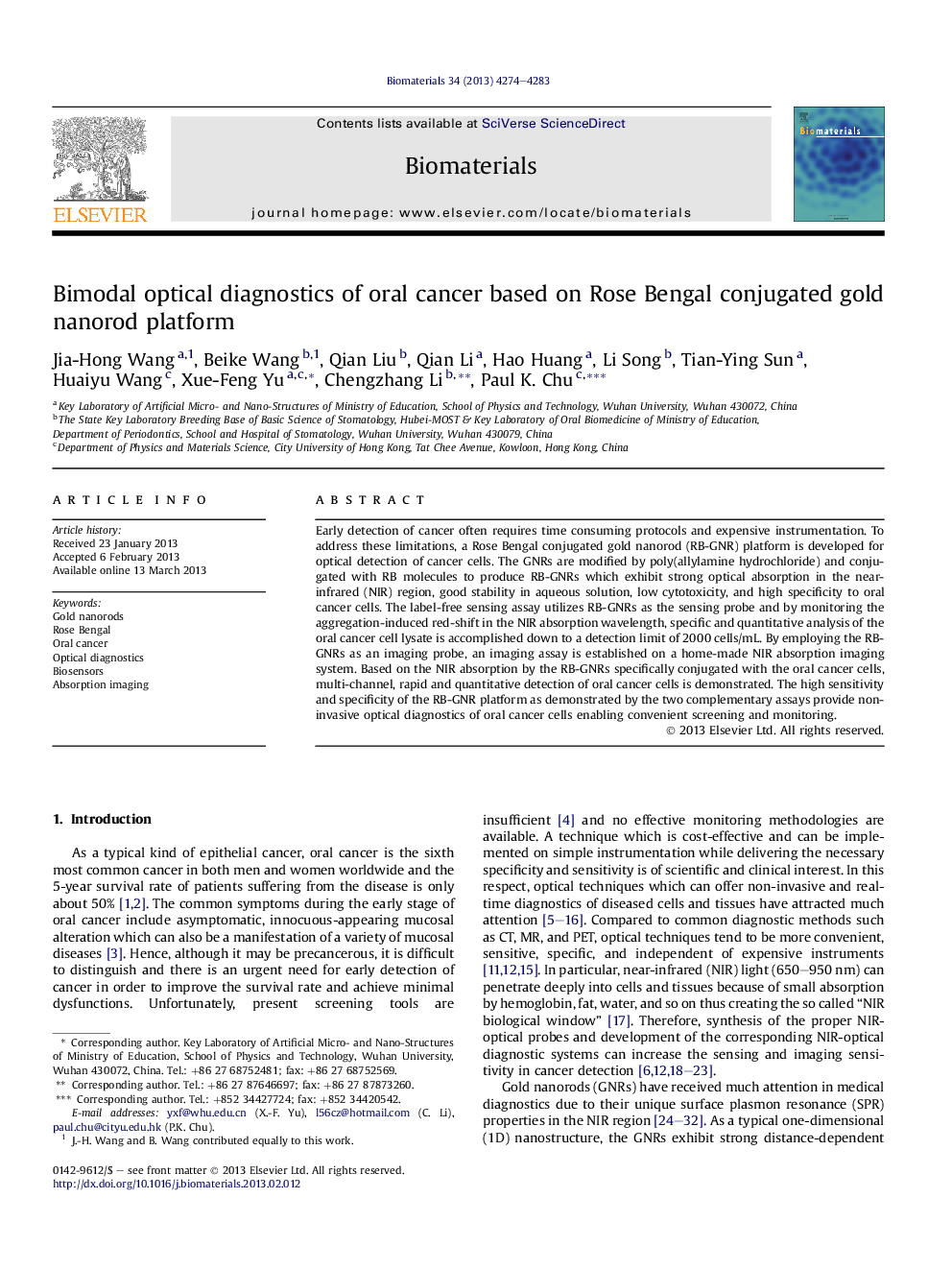 Bimodal optical diagnostics of oral cancer based on Rose Bengal conjugated gold nanorod platform