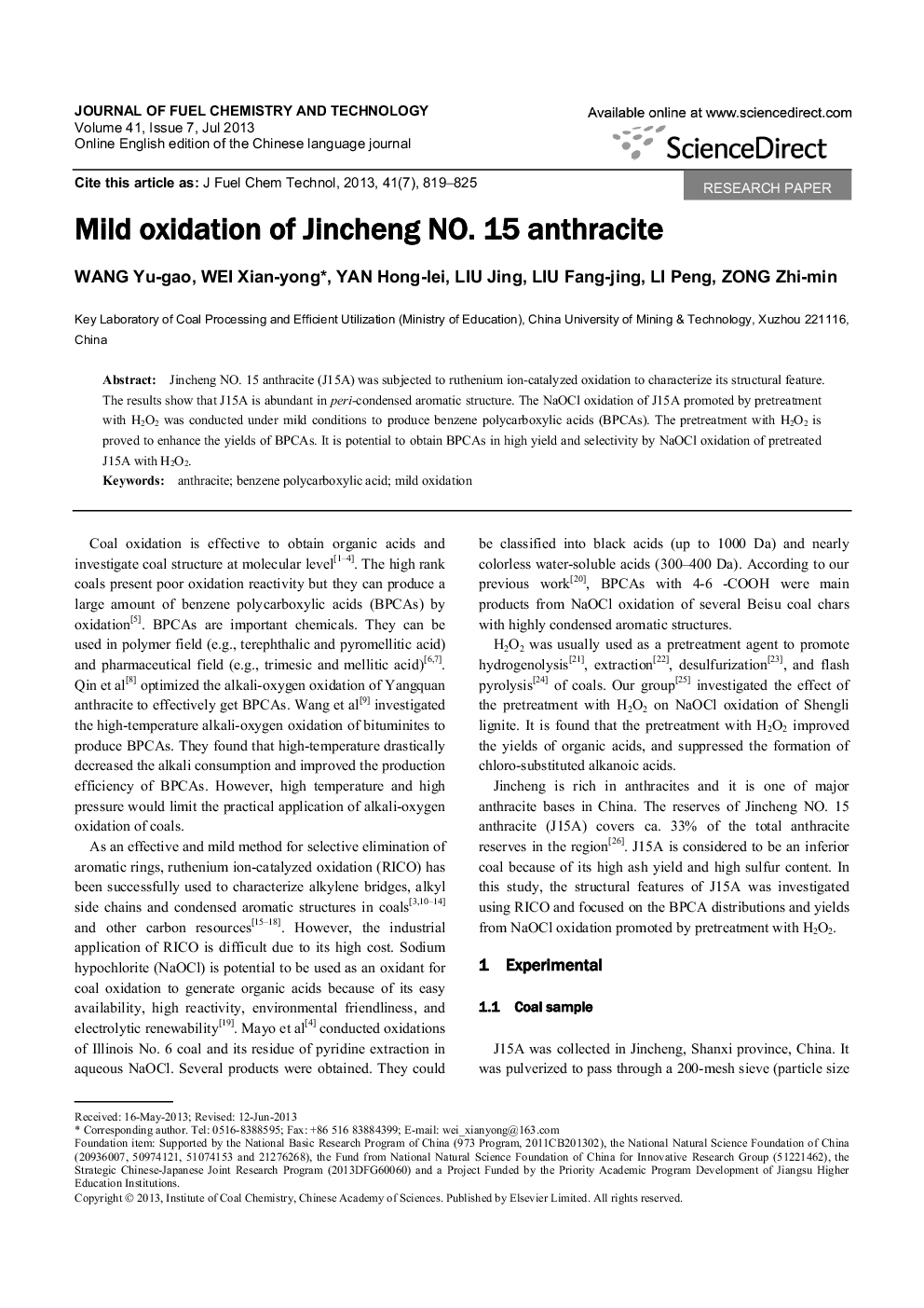 Mild oxidation of Jincheng NO. 15 anthracite 