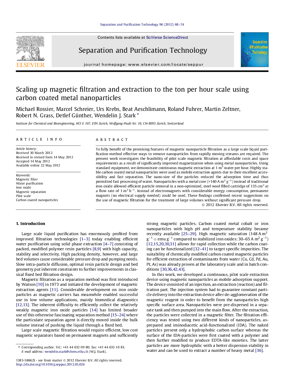 Scaling up magnetic filtration and extraction to the ton per hour scale using carbon coated metal nanoparticles