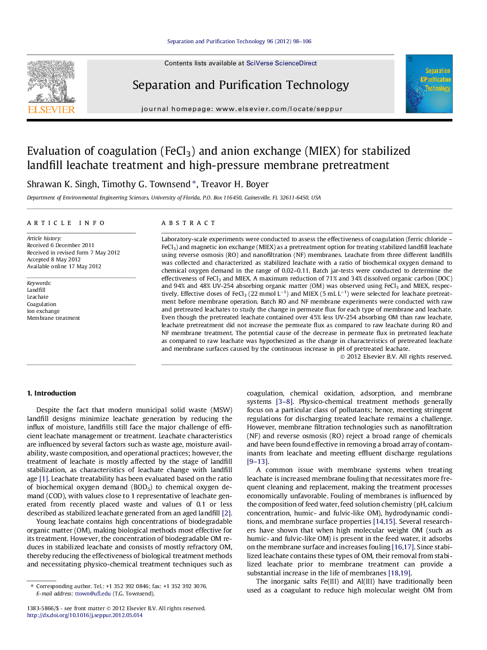 Evaluation of coagulation (FeCl3) and anion exchange (MIEX) for stabilized landfill leachate treatment and high-pressure membrane pretreatment