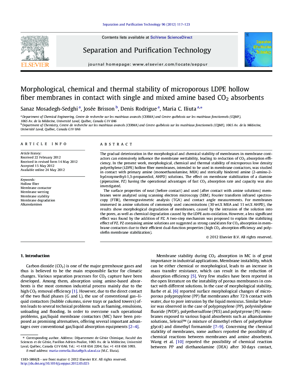 عکس صفحه اول مقاله: Morphological, chemical and thermal stability of microporous LDPE hollow fiber membranes in contact with single and mixed amine based CO2 absorbents Morphological, chemical and thermal stability of microporous LDPE hollow fiber membranes in contact with single and mixed amine based CO2 absorbents
