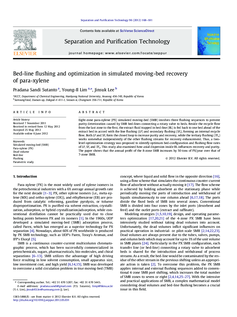 Bed-line flushing and optimization in simulated moving-bed recovery of para-xylene