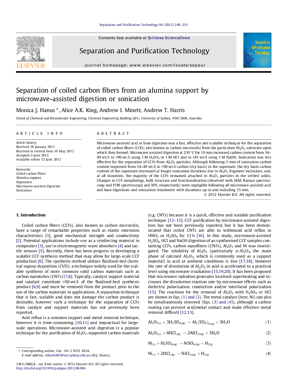 Separation of coiled carbon fibers from an alumina support by microwave-assisted digestion or sonication