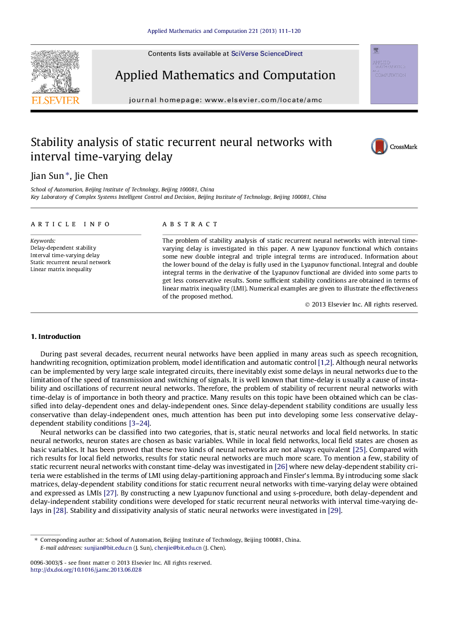 Stability analysis of static recurrent neural networks with interval time-varying delay