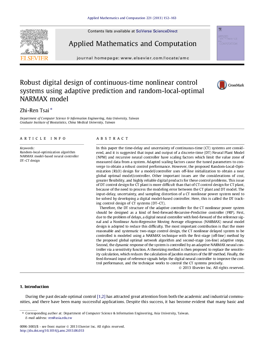 Robust digital design of continuous-time nonlinear control systems using adaptive prediction and random-local-optimal NARMAX model
