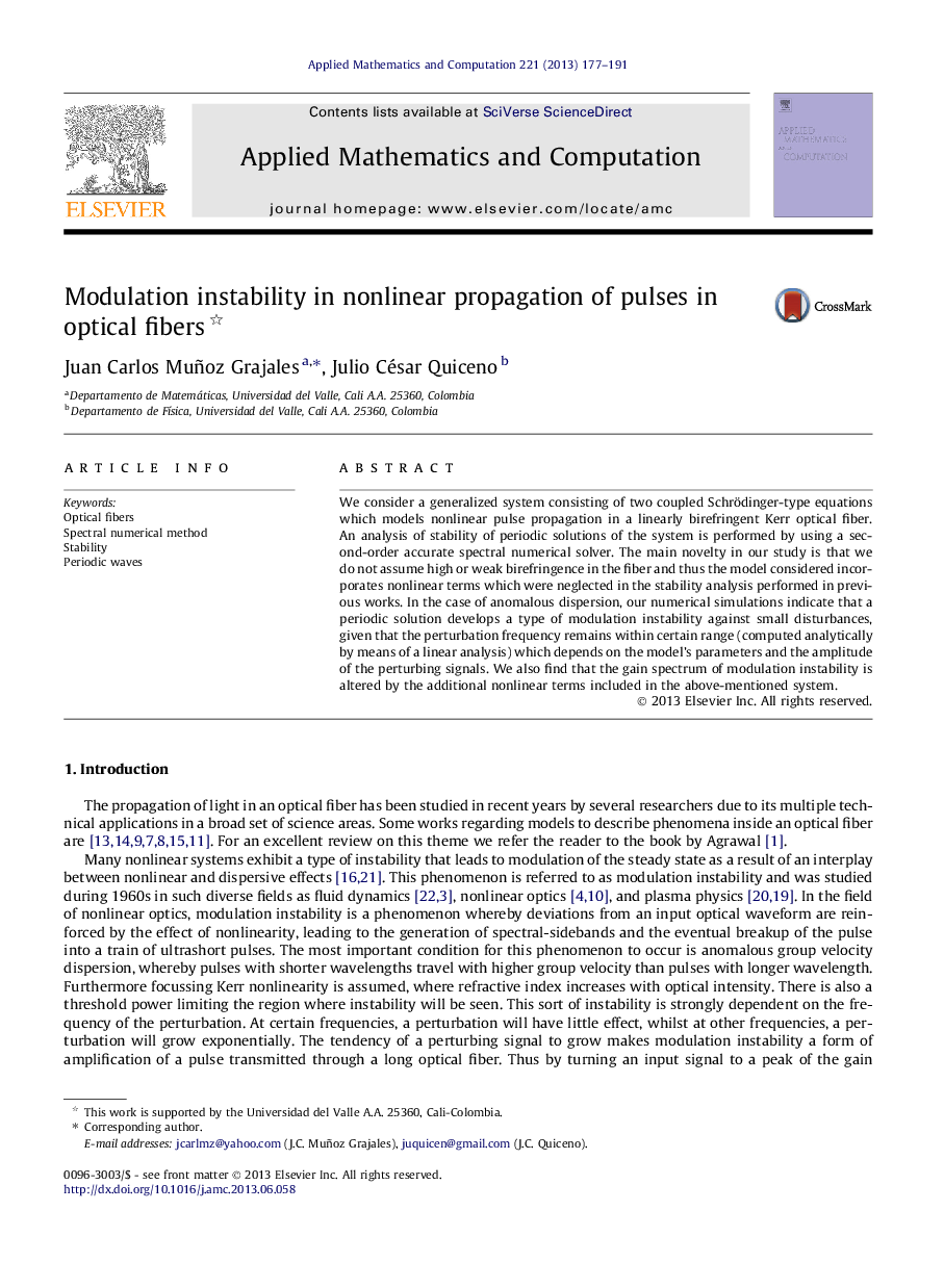 Modulation instability in nonlinear propagation of pulses in optical fibers