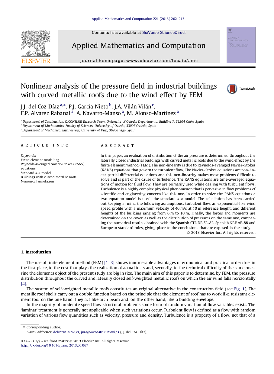 Nonlinear analysis of the pressure field in industrial buildings with curved metallic roofs due to the wind effect by FEM