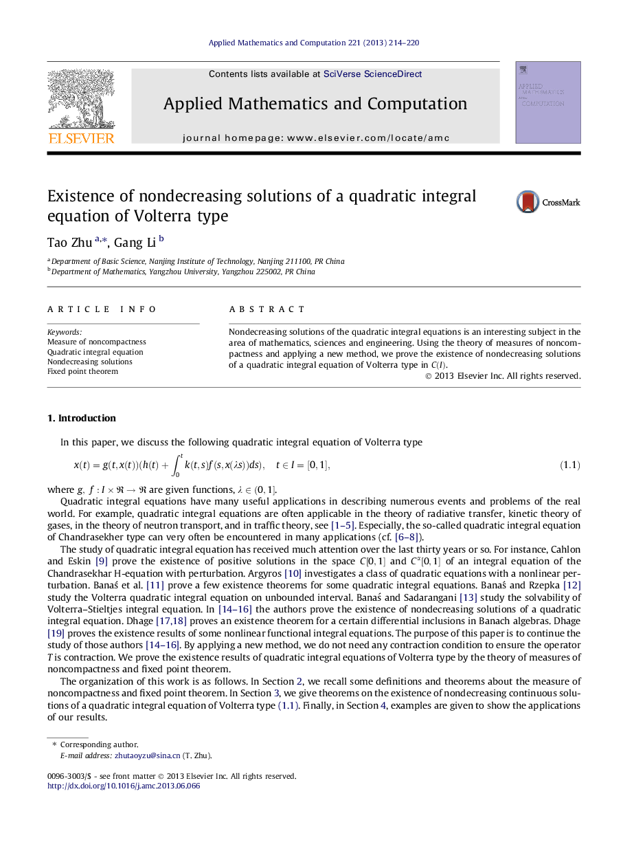 Existence of nondecreasing solutions of a quadratic integral equation of Volterra type