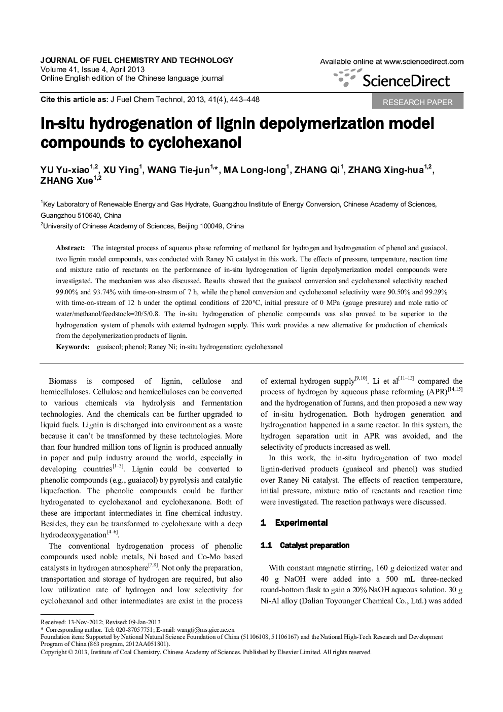 عکس صفحه اول مقاله: In-situ hydrogenation of lignin depolymerization model compounds to cyclohexanol In-situ hydrogenation of lignin depolymerization model compounds to cyclohexanol