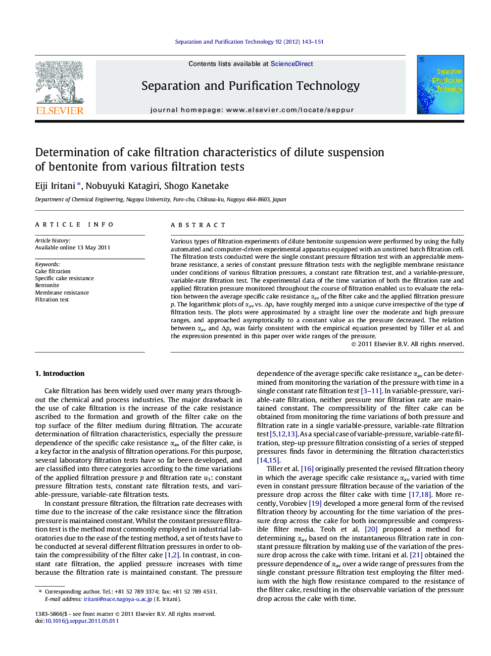 Determination of cake filtration characteristics of dilute suspension of bentonite from various filtration tests