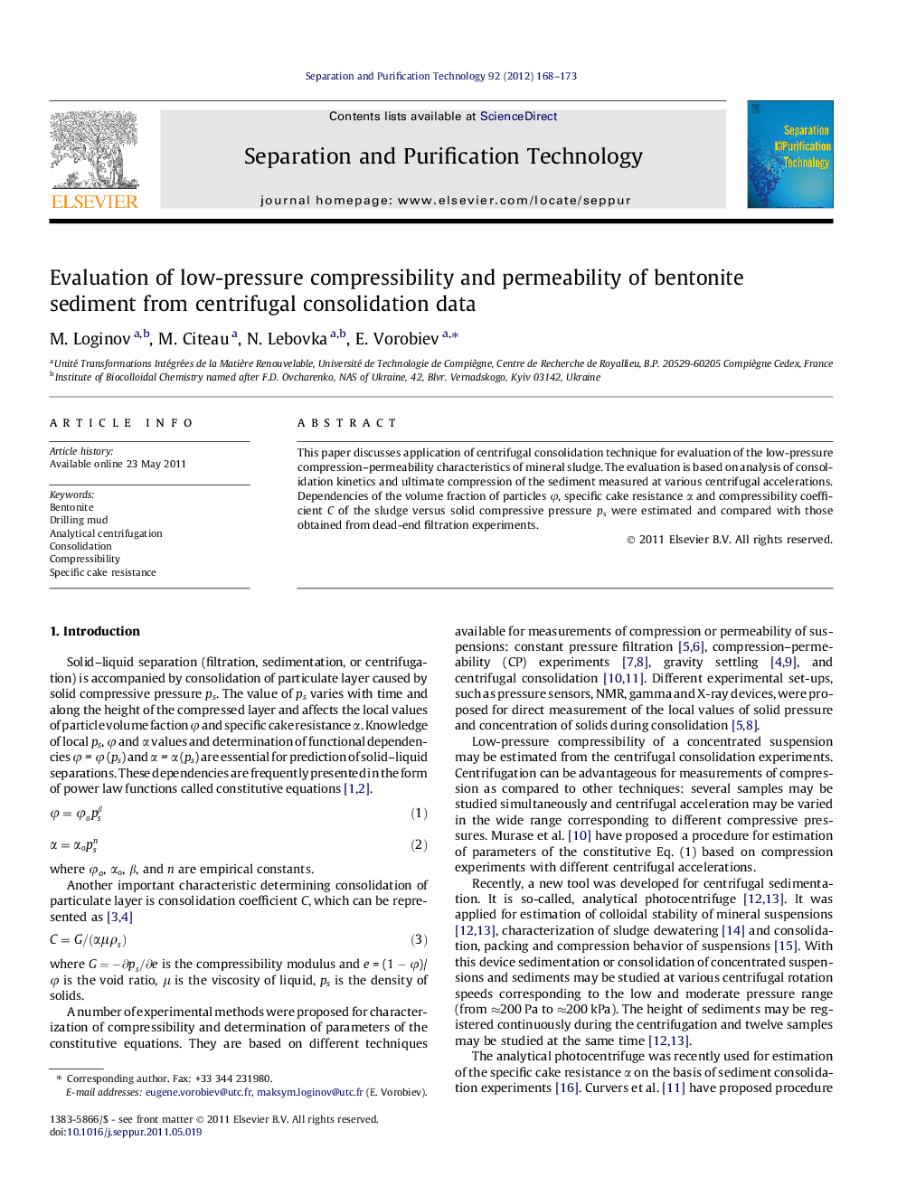 Evaluation of low-pressure compressibility and permeability of bentonite sediment from centrifugal consolidation data