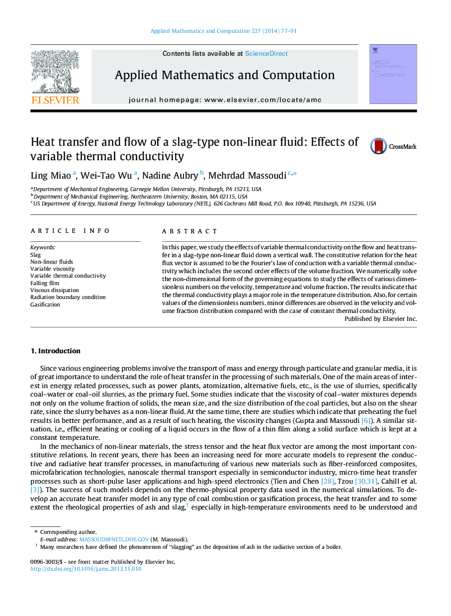 Heat transfer and flow of a slag-type non-linear fluid: Effects of variable thermal conductivity