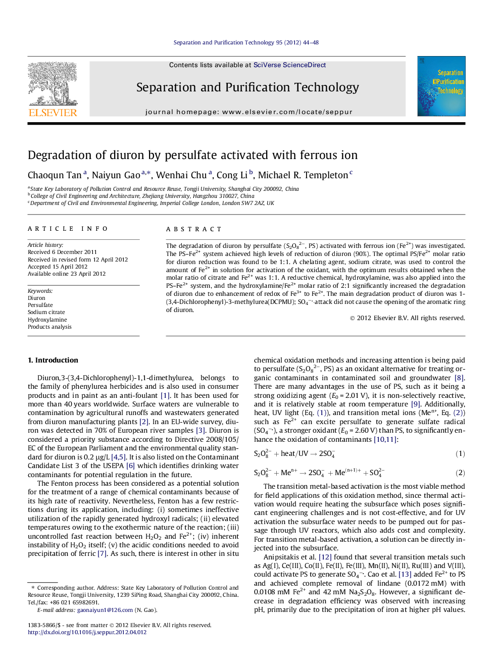 Degradation of diuron by persulfate activated with ferrous ion