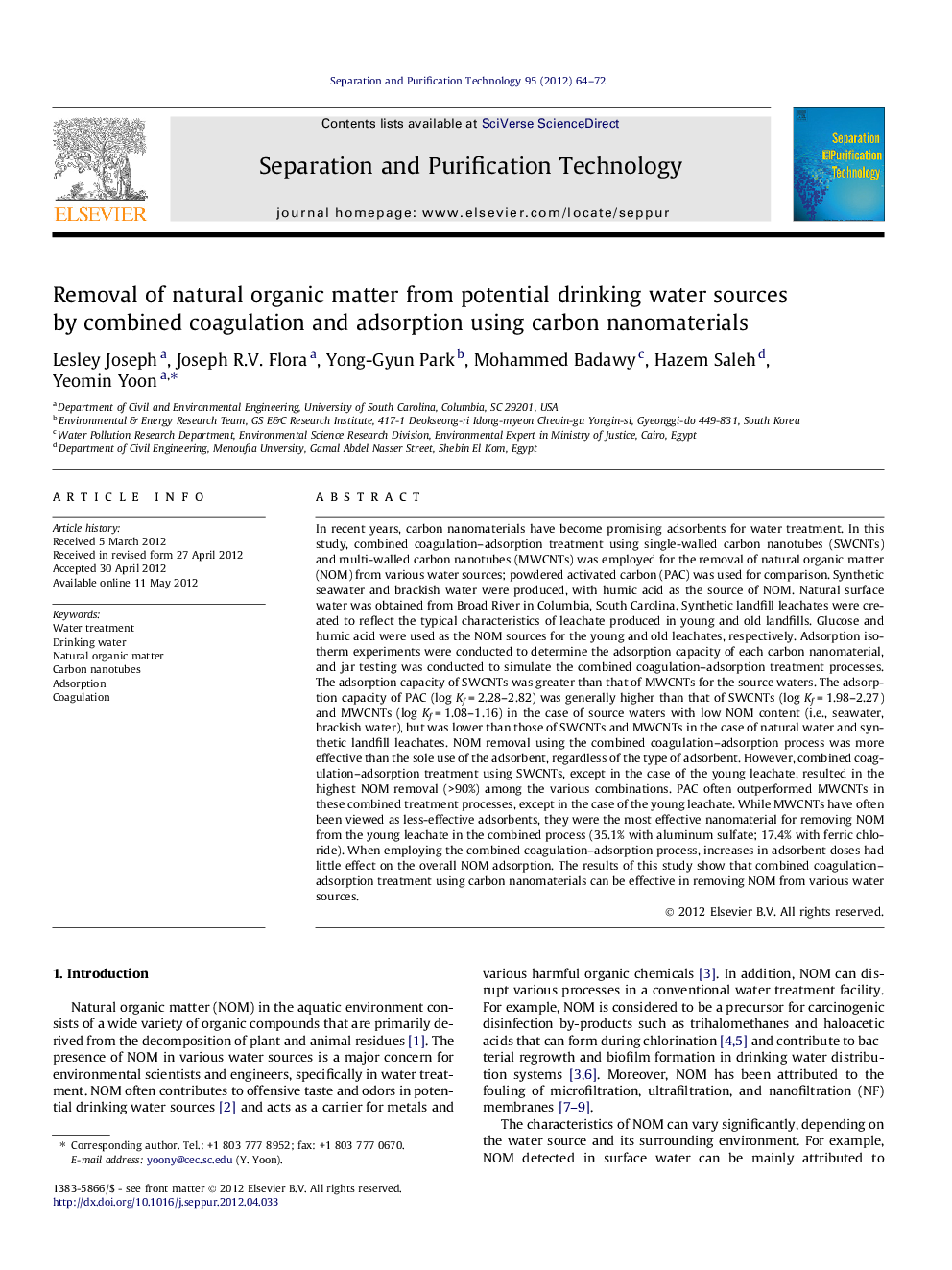 Removal of natural organic matter from potential drinking water sources by combined coagulation and adsorption using carbon nanomaterials