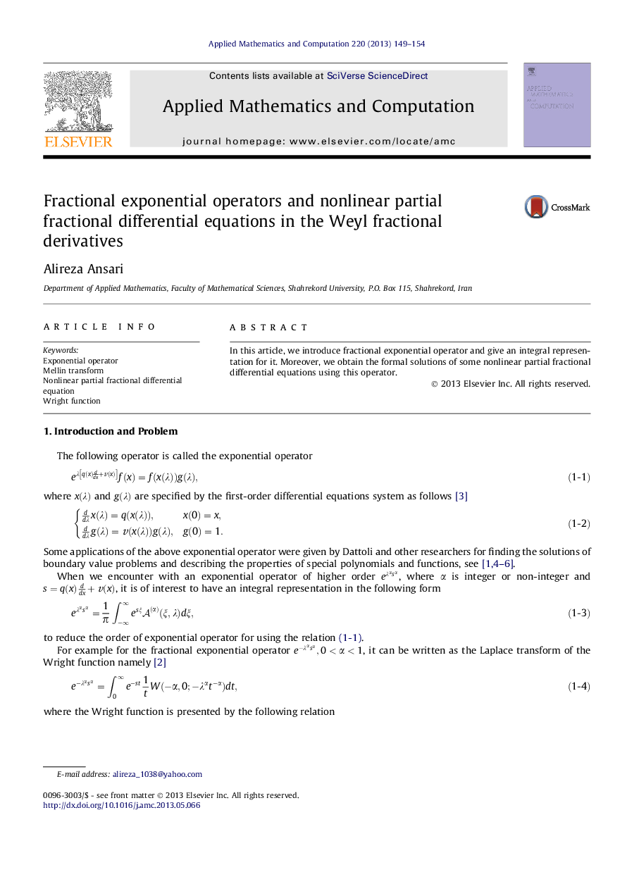 Fractional exponential operators and nonlinear partial fractional differential equations in the Weyl fractional derivatives