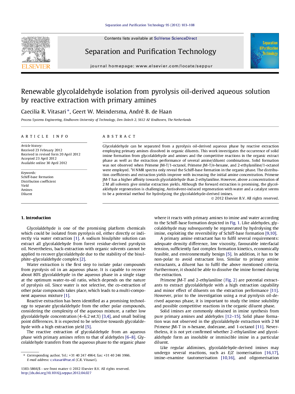 Renewable glycolaldehyde isolation from pyrolysis oil-derived aqueous solution by reactive extraction with primary amines