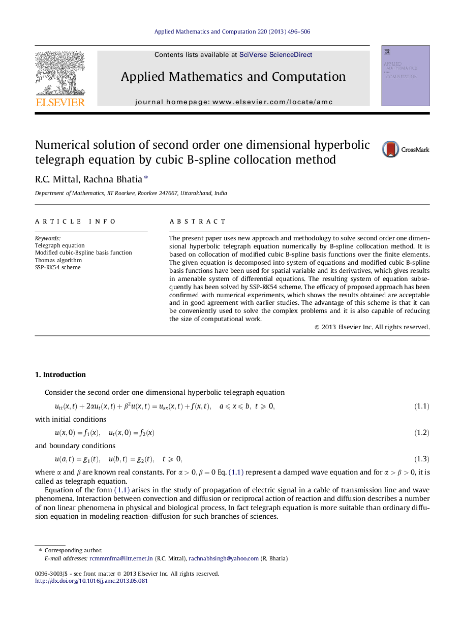 Numerical solution of second order one dimensional hyperbolic telegraph equation by cubic B-spline collocation method