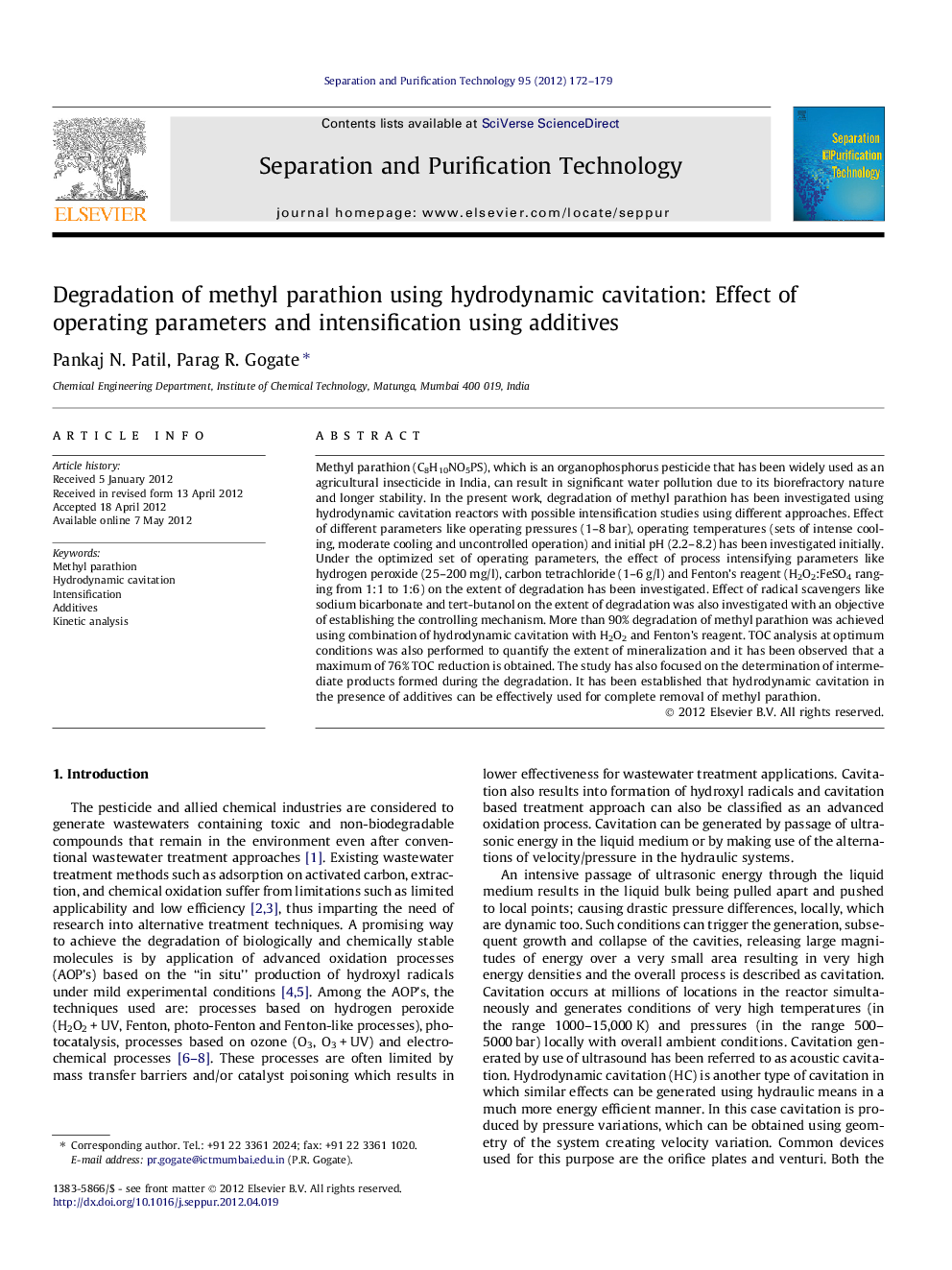 Degradation of methyl parathion using hydrodynamic cavitation: Effect of operating parameters and intensification using additives