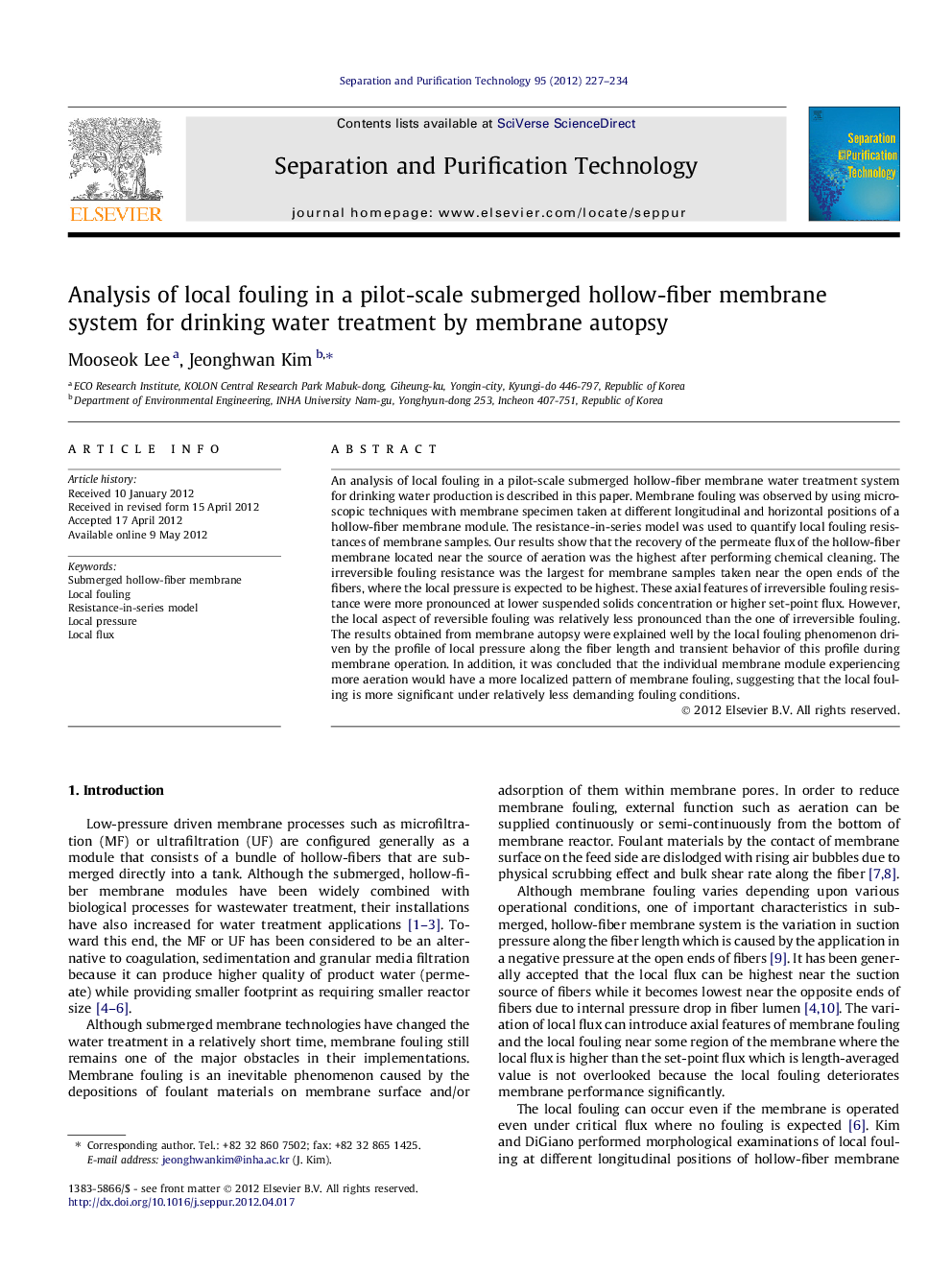 Analysis of local fouling in a pilot-scale submerged hollow-fiber membrane system for drinking water treatment by membrane autopsy