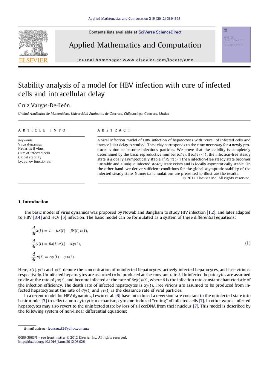 Stability analysis of a model for HBV infection with cure of infected cells and intracellular delay