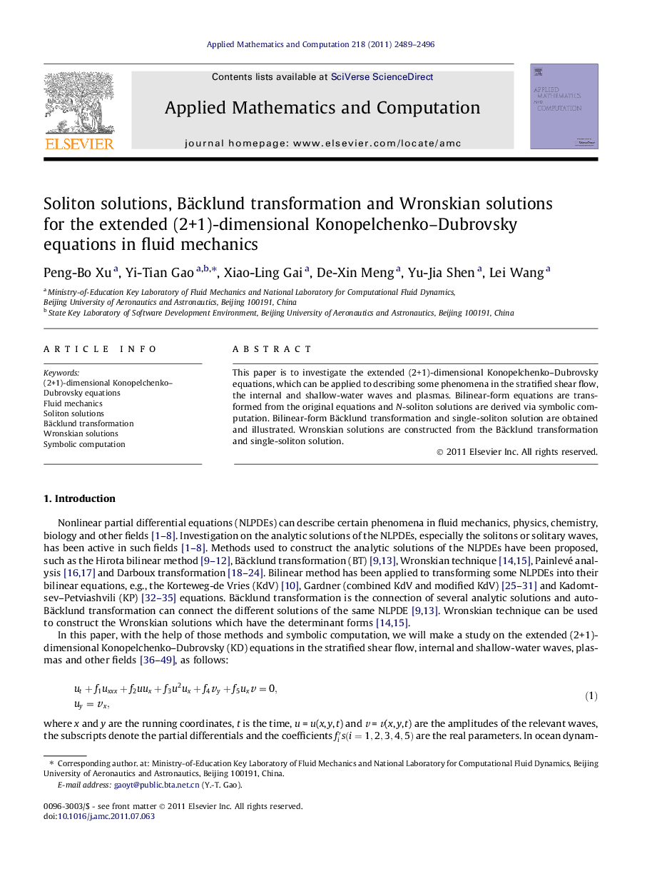 Soliton solutions, Bäcklund transformation and Wronskian solutions for the extended (2+1)-dimensional Konopelchenko-Dubrovsky equations in fluid mechanics