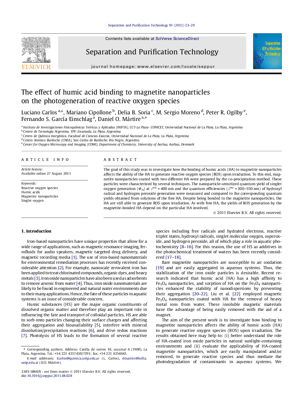 The effect of humic acid binding to magnetite nanoparticles on the photogeneration of reactive oxygen species