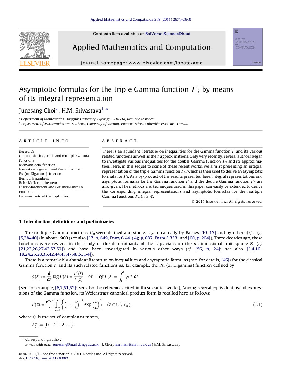 عکس صفحه اول مقاله: Asymptotic formulas for the triple Gamma function Î3 by means of its integral representation Asymptotic formulas for the triple Gamma function Î3 by means of its integral representation