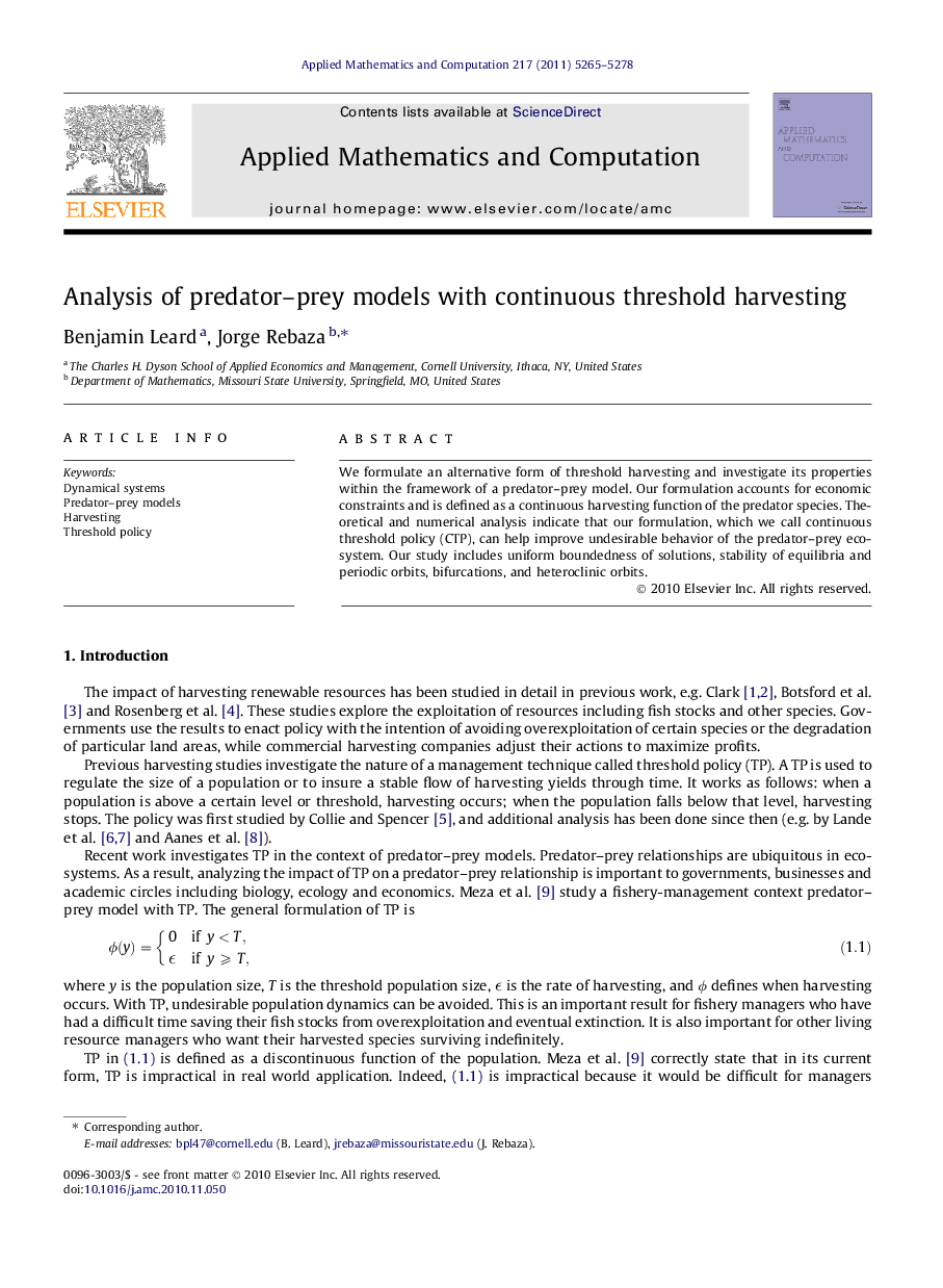 Analysis of predator-prey models with continuous threshold harvesting