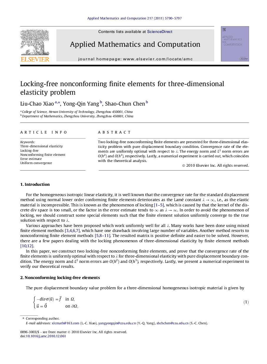 Locking-free nonconforming finite elements for three-dimensional elasticity problem