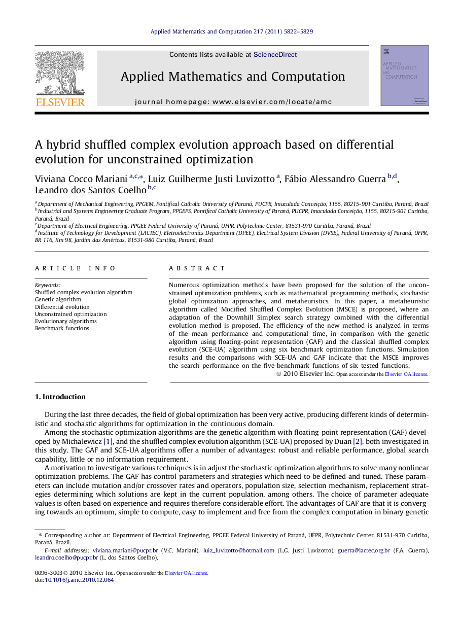 A hybrid shuffled complex evolution approach based on differential evolution for unconstrained optimization