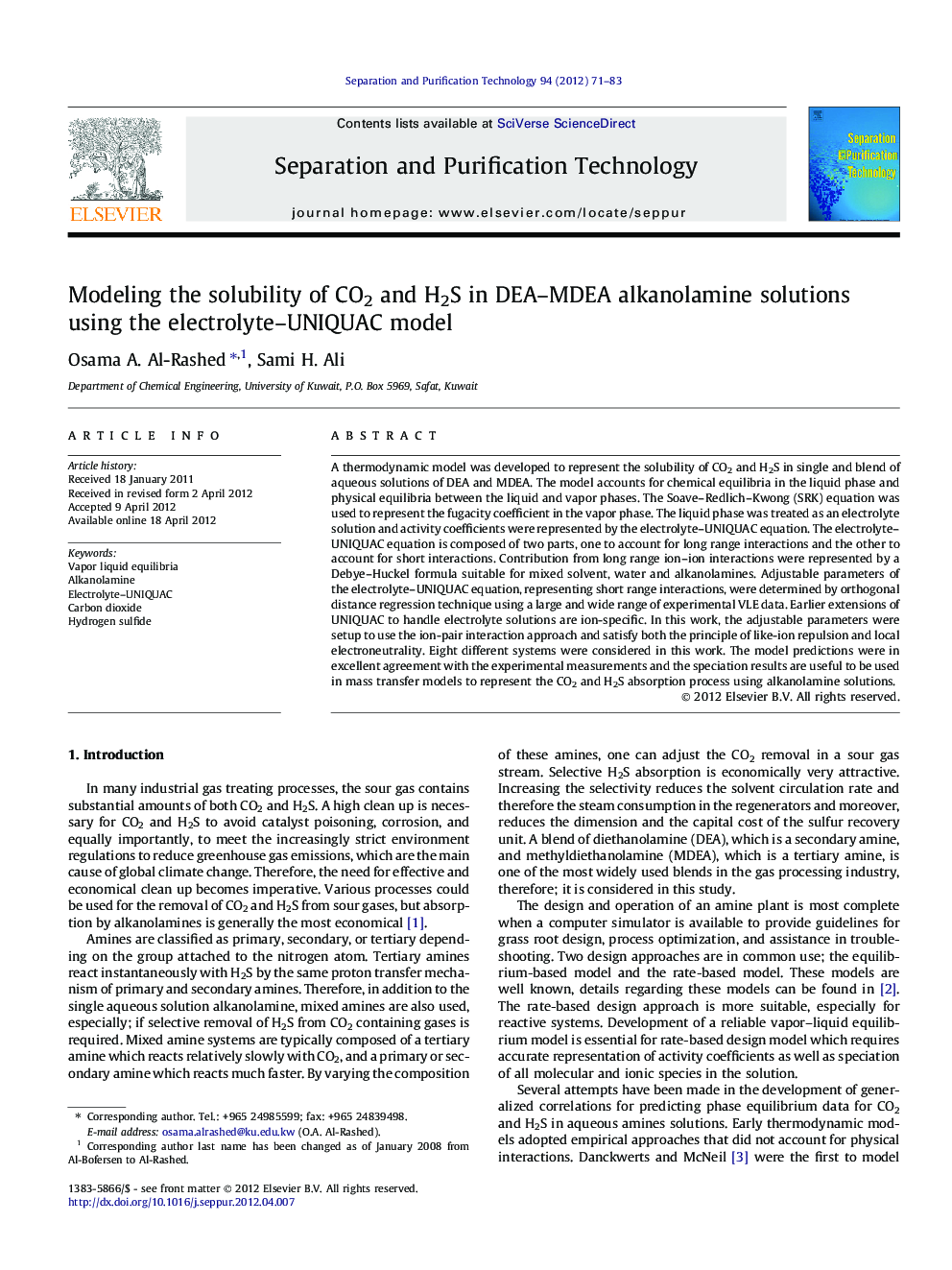 Modeling the solubility of CO2 and H2S in DEA–MDEA alkanolamine solutions using the electrolyte–UNIQUAC model