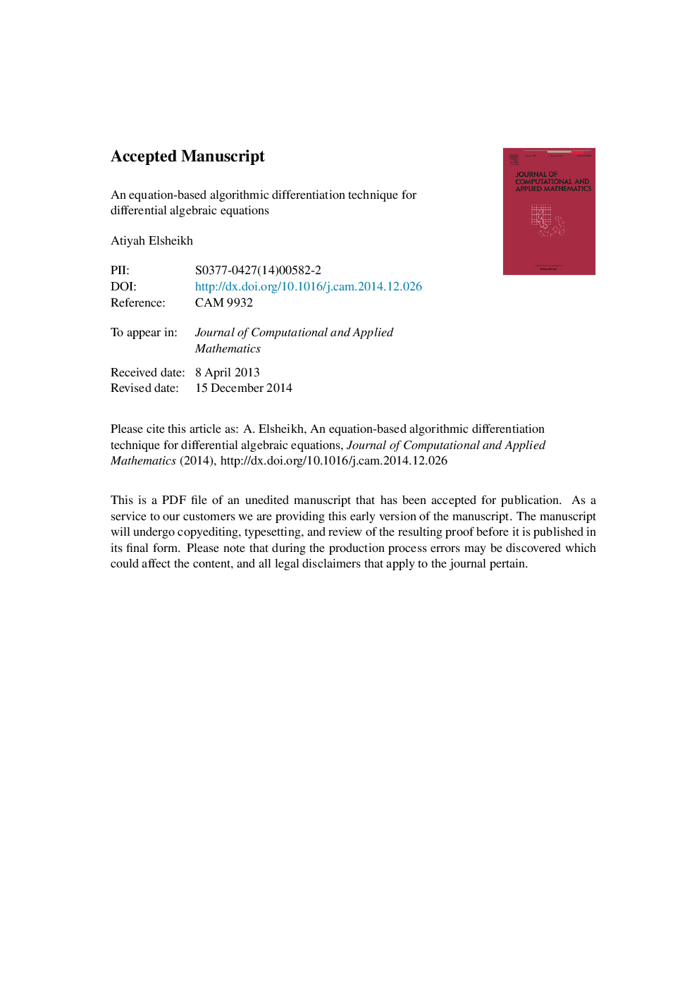 An equation-based algorithmic differentiation technique for differential algebraic equations