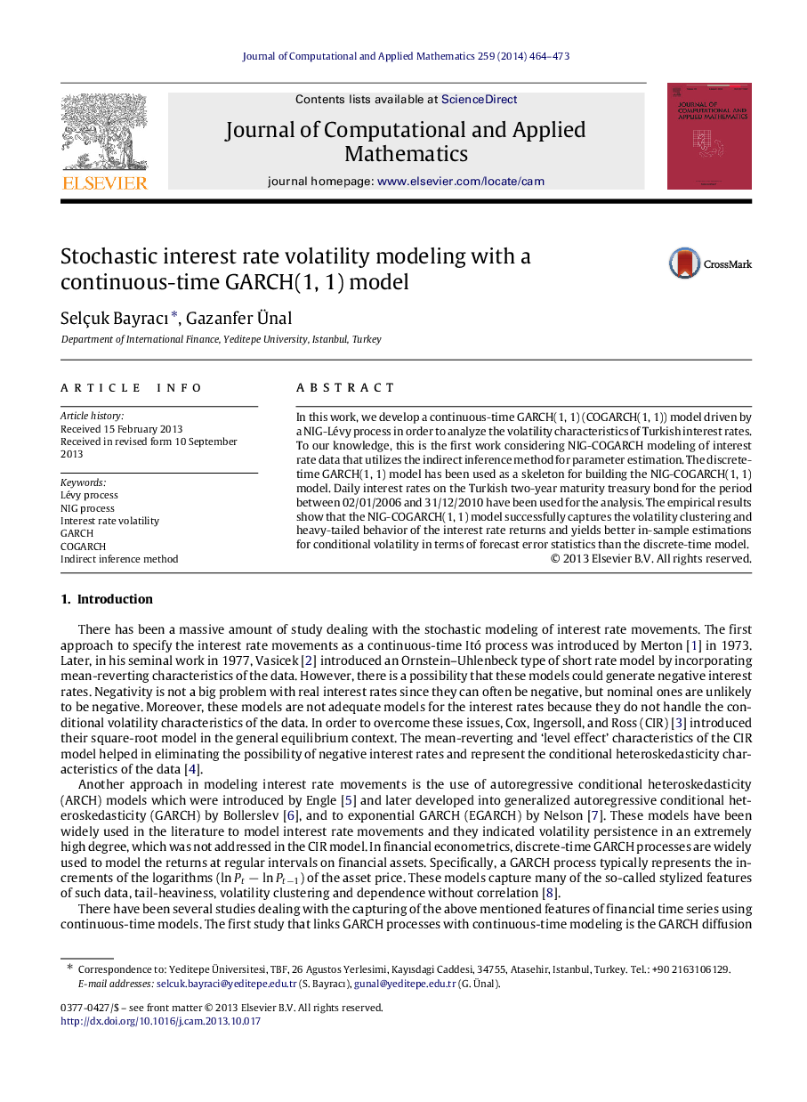 عکس صفحه اول مقاله: Stochastic interest rate volatility modeling with a continuous-time GARCH(1, 1) model Stochastic interest rate volatility modeling with a continuous-time GARCH(1, 1) model