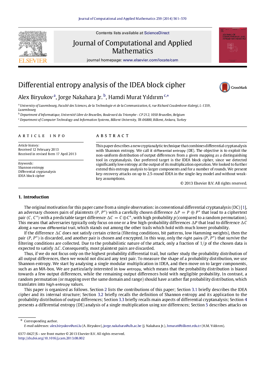 Differential entropy analysis of the IDEA block cipher