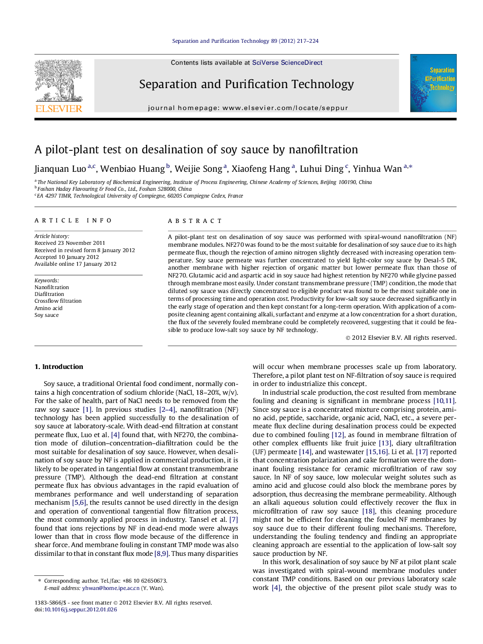 A pilot-plant test on desalination of soy sauce by nanofiltration