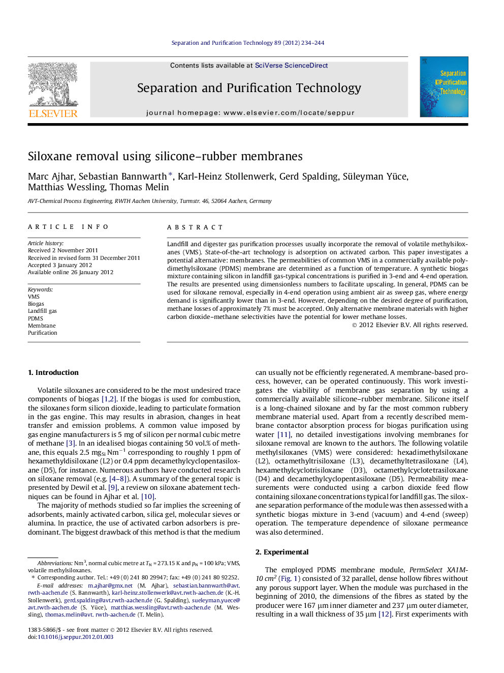 Siloxane removal using silicone–rubber membranes