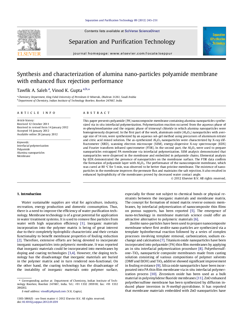 Synthesis and characterization of alumina nano-particles polyamide membrane with enhanced flux rejection performance