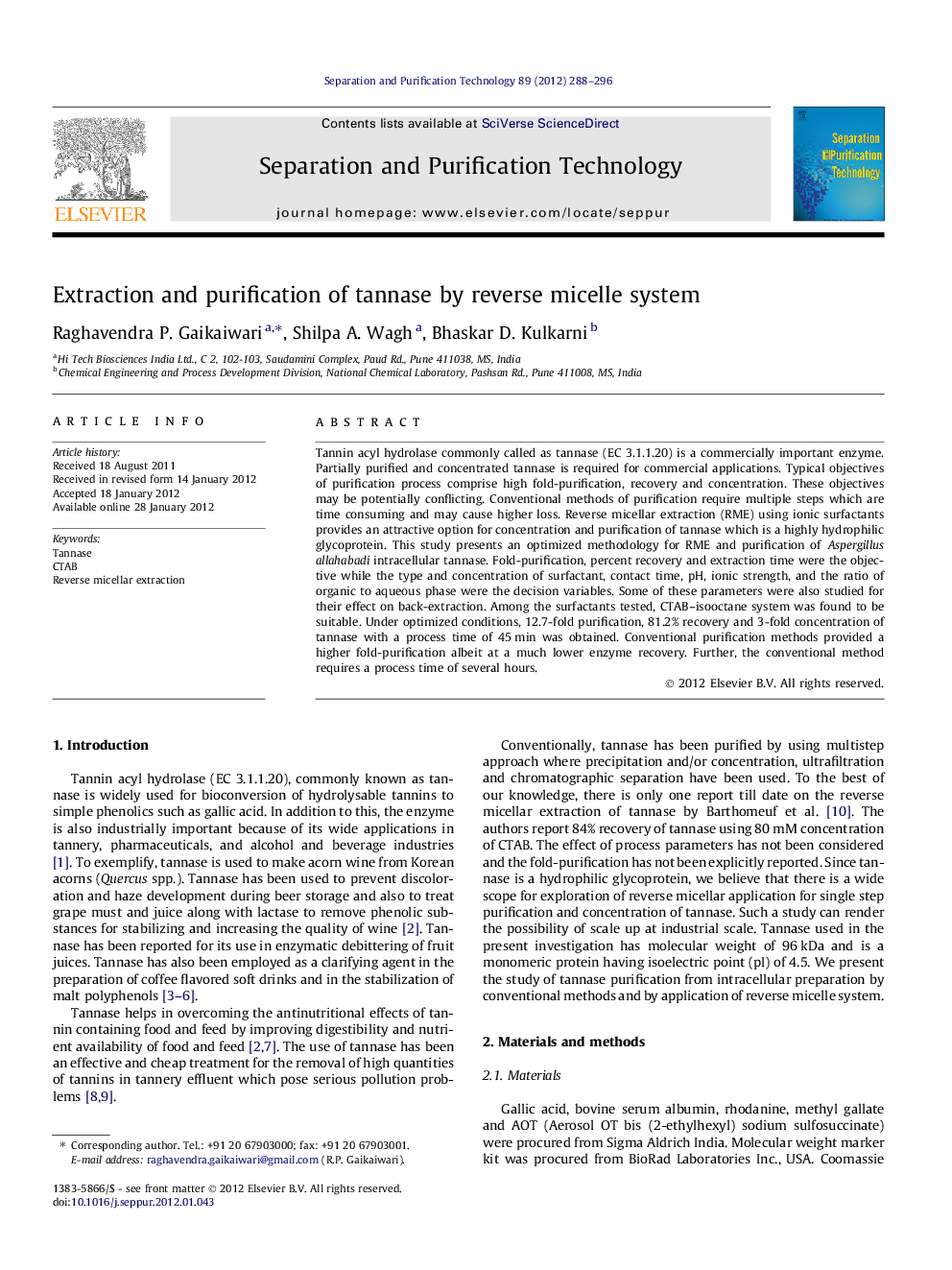 Extraction and purification of tannase by reverse micelle system