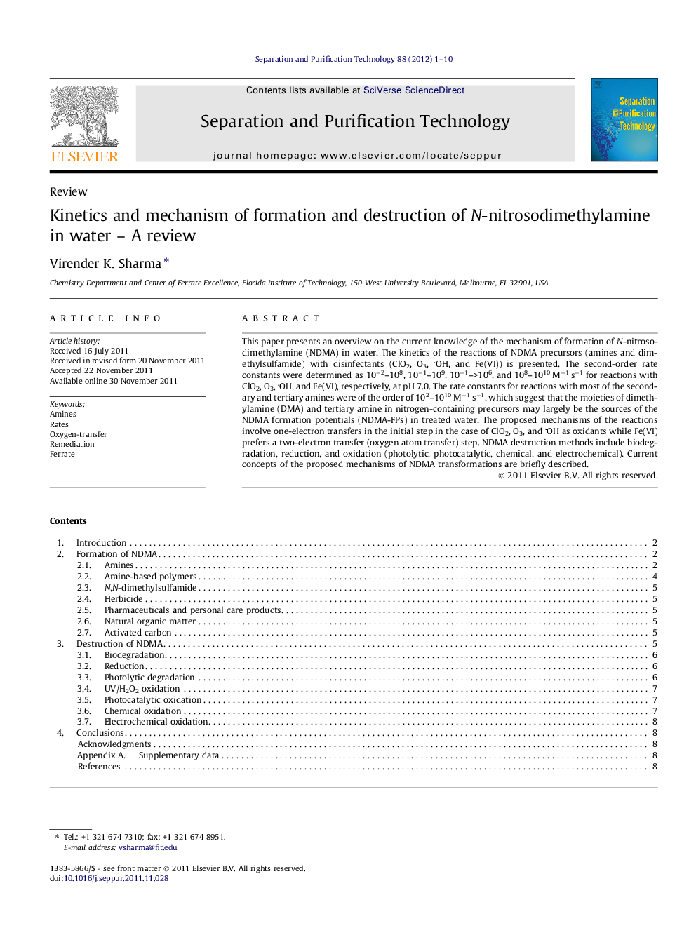 Kinetics and mechanism of formation and destruction of N-nitrosodimethylamine in water – A review