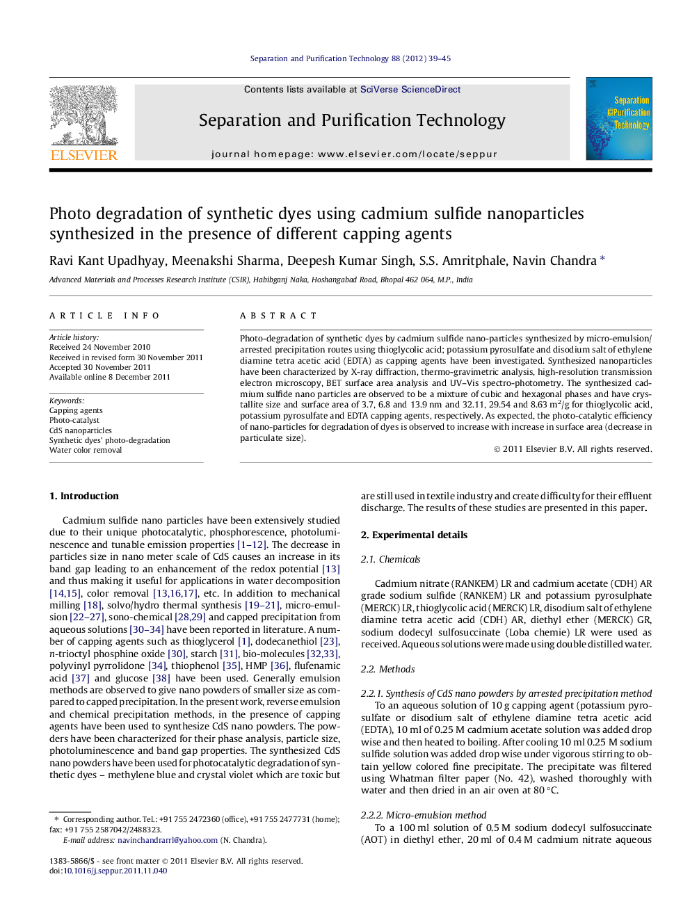 Photo degradation of synthetic dyes using cadmium sulfide nanoparticles synthesized in the presence of different capping agents