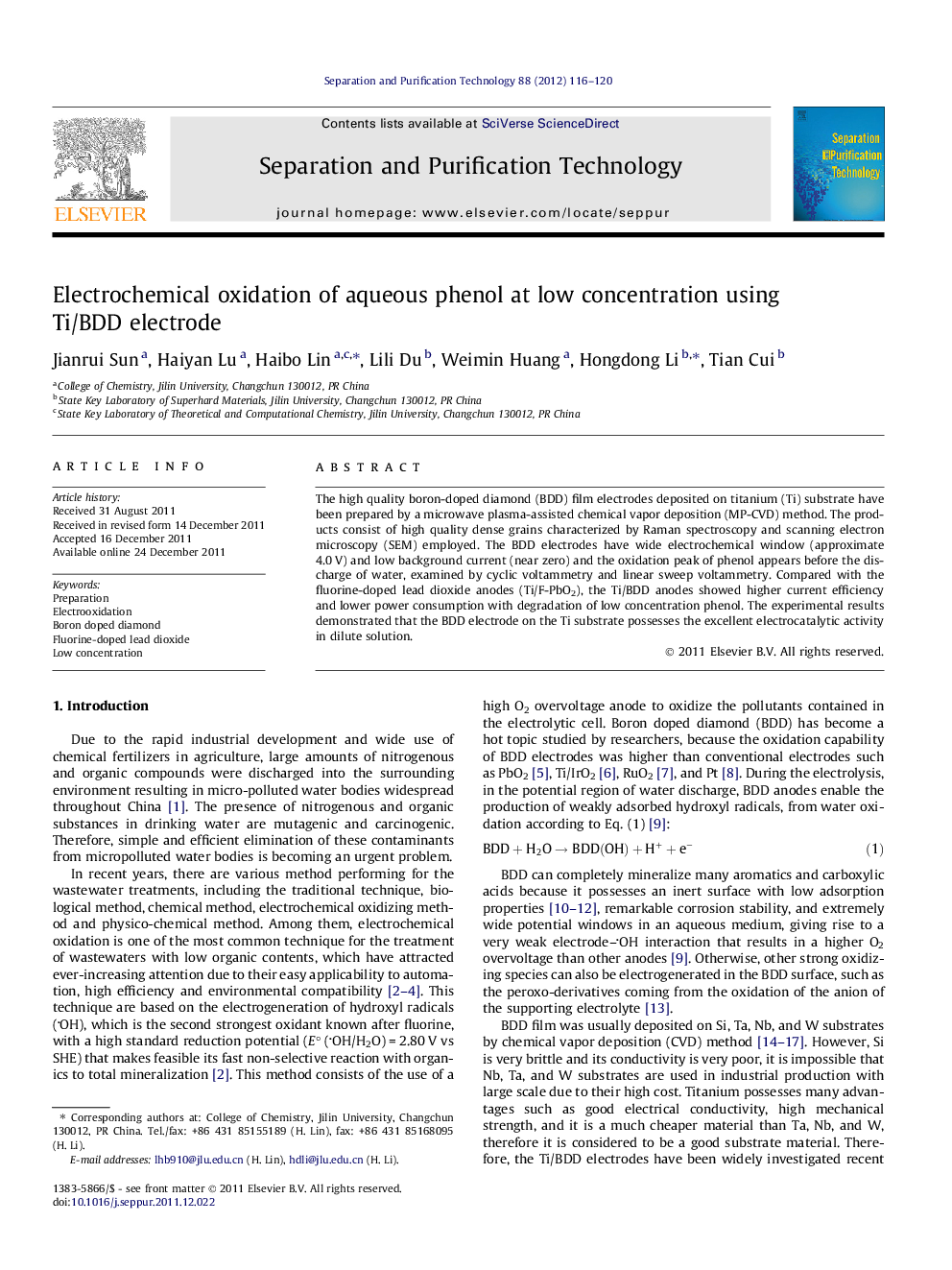 Electrochemical oxidation of aqueous phenol at low concentration using Ti/BDD electrode