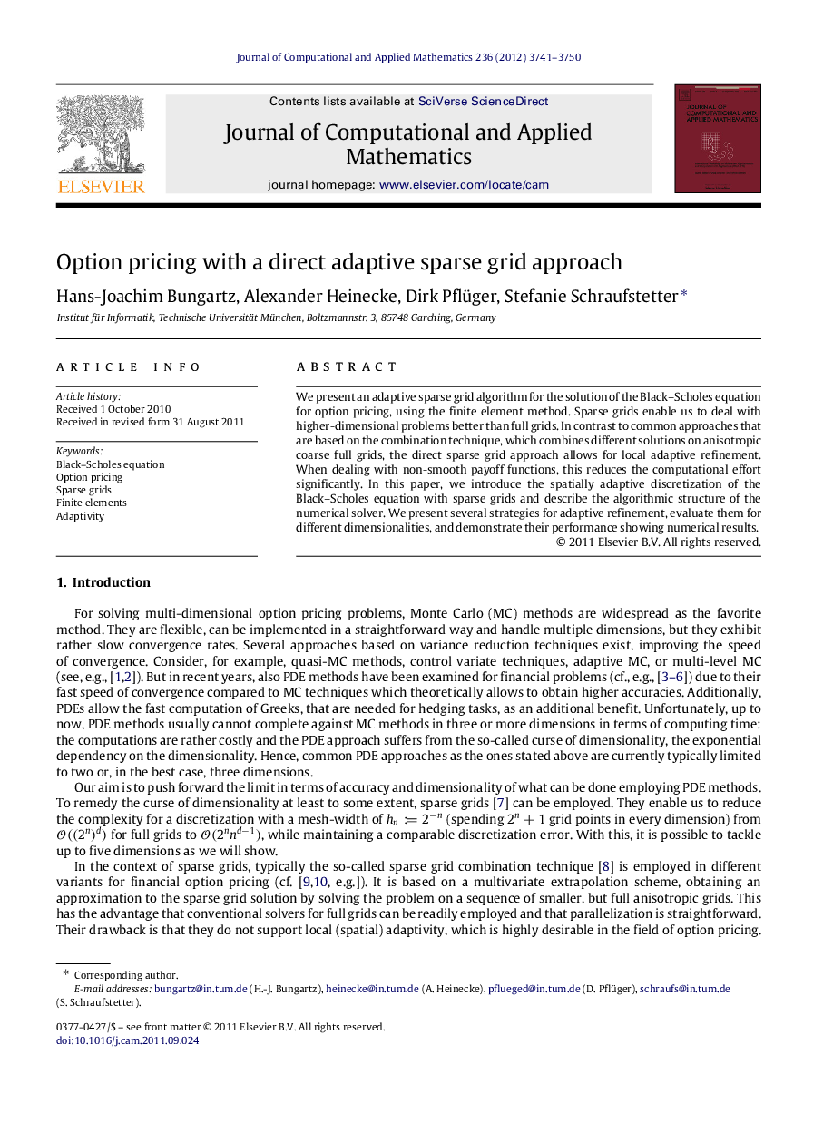 Option pricing with a direct adaptive sparse grid approach