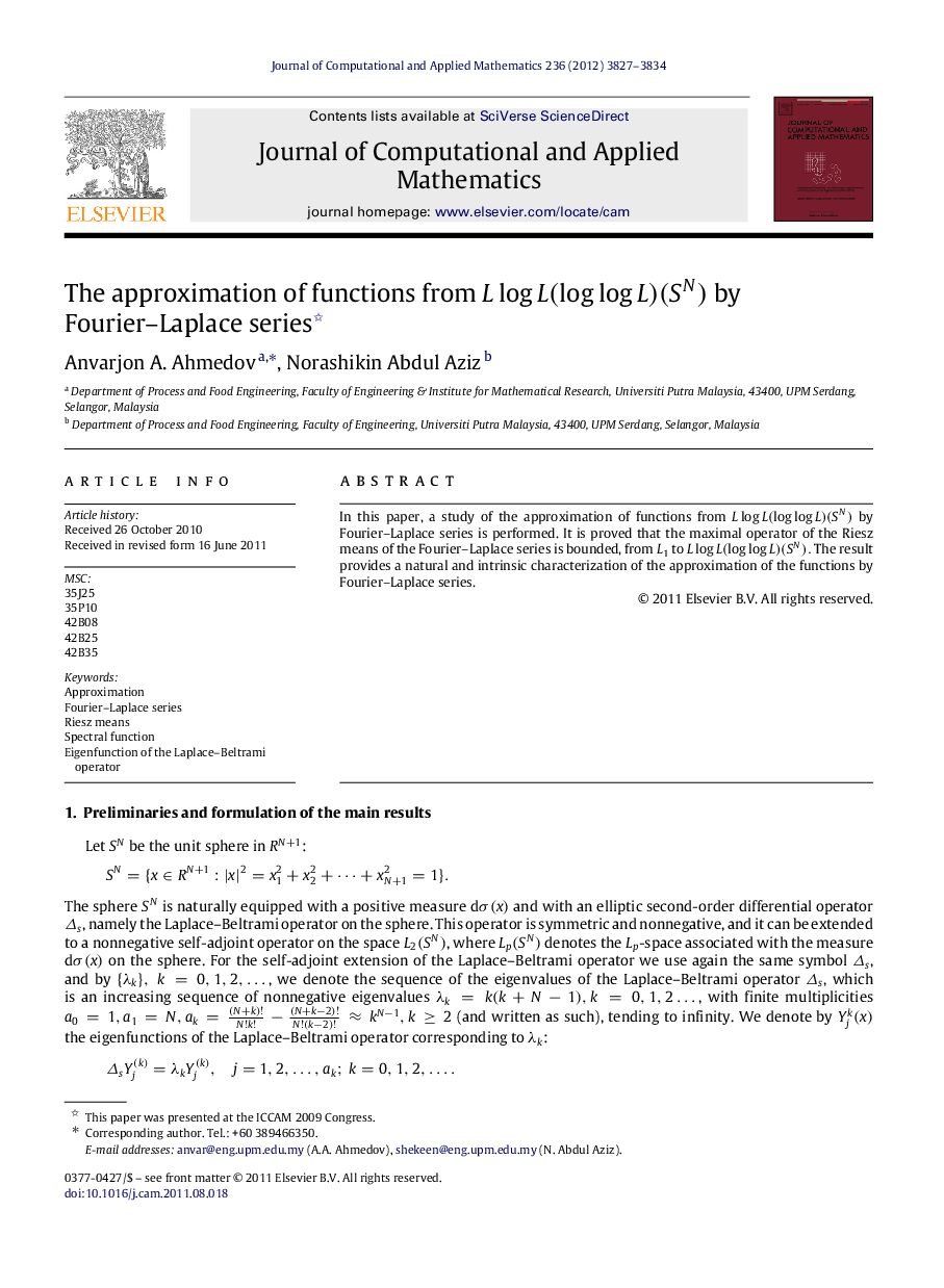 The approximation of functions from LlogL(loglogL)(SN) by Fourier-Laplace series