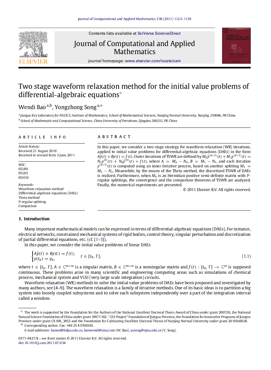 Two stage waveform relaxation method for the initial value problems of differential-algebraic equations